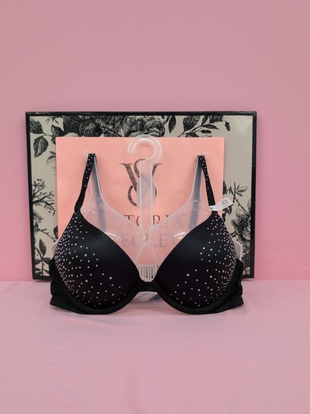 Victoria Secret Bombshell Add-2-Cups Sparkle Crystal Shine Strap Bra 32B Black